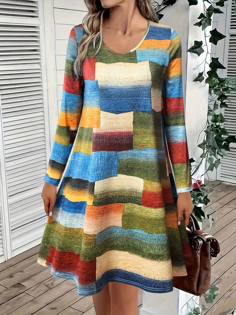 Spring New Arrival Women's Geometric Pattern Long Sleeve Dress - Multicolor - View 1