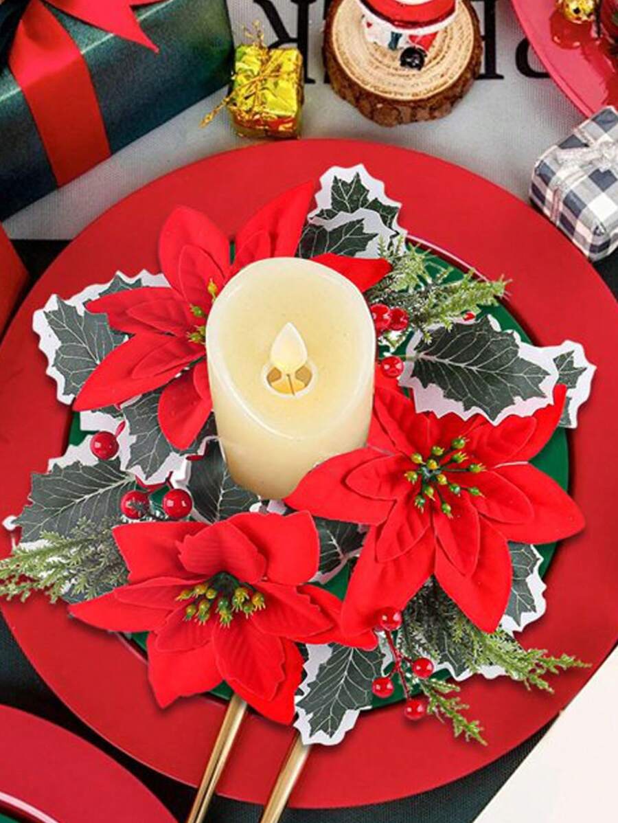 1 件小型圣诞桌面装饰人造红色花朵浆果叶圣诞花环带烛台丝绸花环桌面布置婚礼家庭派对生日客厅桌面中心装饰房屋冬季节日礼物装饰家居装饰圣诞装饰房间装饰 - 彩色 - 查看 1