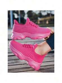 Women Fashion Casual Slip-On Sneakers, Comfortable Breathable Fabric Lace-Up Low-Top Athletic Shoes, Couple Socks Shoes, Slouchy Shoes, New Hot Selling 2024 Model - 玫紅色 - 查看 1