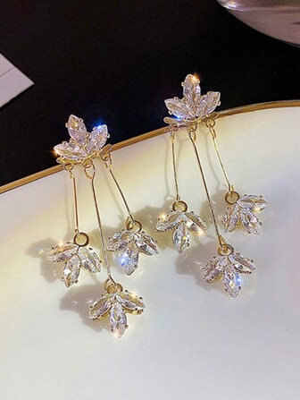 1pc Women's Elegant Rhinestone Three Leaf Flower Tassel Dangle Earrings For Daily Wear Valentines