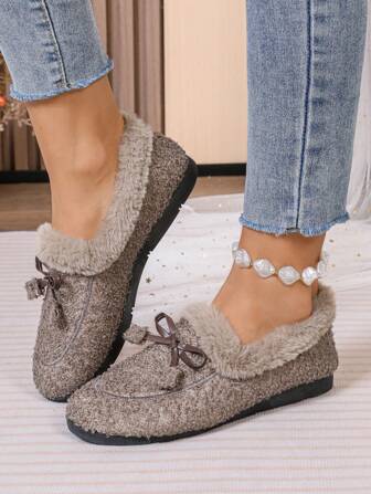 秋冬女士软底毛绒平底室内外家居毛绒拖鞋，休闲蝴蝶结防滑套脚莫卡辛鞋，圣诞拖鞋