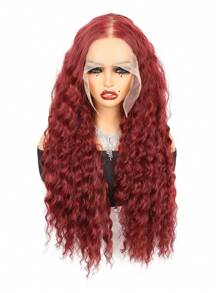 Musik Festival Karneval 13x6 Wasser Welle Spitzenfront Perücke 24 Zoll Burgund 99J Farbe Synthetische Spitzenfront Perücke für Frauen Transparente Spitzenfront Lockige Perücken für täglichen Party-Makeup-Gebrauch, Halloween-Party und Weihnachtsgebrauch Damen Spitzenperücke