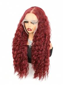 Musik Festival Karneval 13x6 Wasser Welle Spitzenfront Perücke 24 Zoll Burgund 99J Farbe Synthetische Spitzenfront Perücke für Frauen Transparente Spitzenfront Lockige Perücken für täglichen Party-Makeup-Gebrauch, Halloween-Party und Weihnachtsgebrauch Damen Spitzenperücke