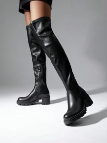 Women Fashion Platform Over The Knee Boots, Soft Elastic Leather Chunky Heel Long Boots With Side Zipper For Autumn & Winter Wearing - Black - View 2