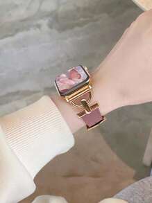 Fashion Designer D Letter Gold Metal Decor Soft Brown Strap Compatible With Apple Watch Ultra 2 1 SE S9 8 7 6 5 4 3 2 1 Series Unisex Replacement Watch Band Smartwatch 38mm 40mm 41mm 42mm 44mm 45mm 49mm - Dusty Pink - View 6