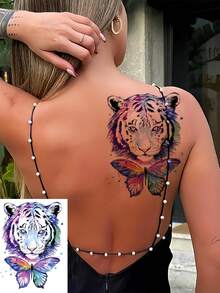 6 Sheets Temporary Tattoo For Women Man Guys Colorful Body Sticker Arm Shoulder Chest Back Makeup Waterproof Large Animal Fake Tattoo Temporary Tattoos Adult Tiger Wolf Butterfly Design - Multicolor - View 3
