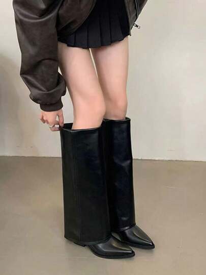 女士冬季靴、黑色靴子、翻边靴、秋季靴、过膝长靴、尖头高跟靴、宽筒靴、高筒靴、派对靴