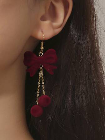 1 对植绒勃艮第情人节复古耳环，配黑色蝴蝶结流苏圆形吊坠耳环，适合新年派对和日常佩戴，是送给女朋友的新年礼物