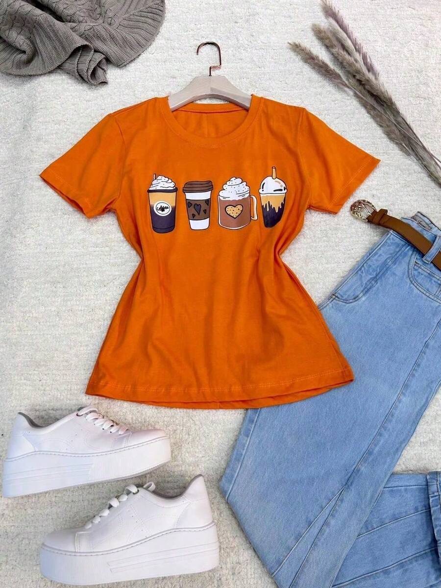 Women's T-Shirt With Coffee Cup Print - trái cam - Xem 1