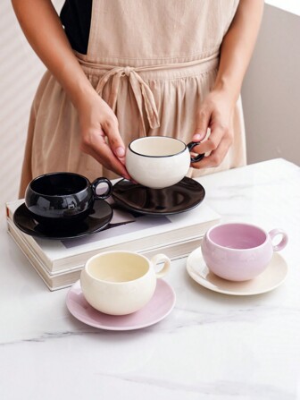 1 套陶瓷咖啡杯和碟子，北欧/韩国简约创意圆形/蛋形高端品质优雅咖啡杯碟，适用于咖啡厅、酒店、餐厅、家庭厨房、咖啡、茶、牛奶、小吃、蛋糕、水果，是送给情侣、朋友、家人、圣诞节、生日、拿铁、牛奶杯、茶杯返校的理想礼物