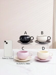 1 套陶瓷咖啡杯和碟子，北欧/韩国简约创意圆形/蛋形高端品质优雅咖啡杯碟，适用于咖啡厅、酒店、餐厅、家庭厨房、咖啡、茶、牛奶、小吃、蛋糕、水果，是送给情侣、朋友、家人、圣诞节、生日、拿铁、牛奶杯、茶杯返校的理想礼物 - 彩色 - 查看 2