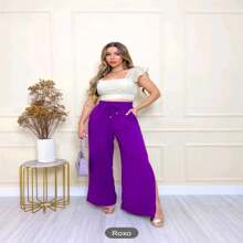 Chic Elegant Slit Trousers Fine Linen Fabric Refined Style We Have Plus Size - Purple - View 1