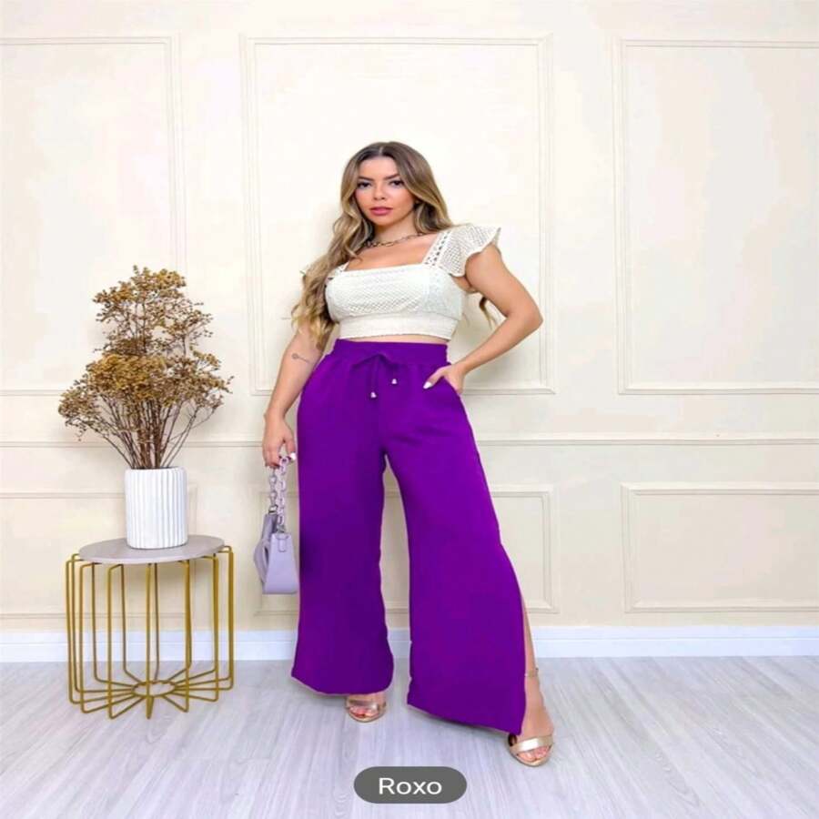 Chic Elegant Slit Trousers Fine Linen Fabric Refined Style We Have Plus Size - Purple - View 1