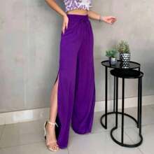 Chic Elegant Slit Trousers Fine Linen Fabric Refined Style We Have Plus Size - Purple - View 2