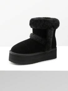 Women Platform Furry Snow Boots Genuine Suede Faux Fur Classic Warm, Slip-On Comfortable Ankle Support Design With Memory Foam Winter Festive Christmas Outdoor Black Boots - 黑色 - 查看 4