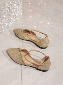 أحذية باليه مسطحة للنساء بأصبع قدم مدبب وتصميم على شكل V مزينة بالراين ستون، أحذية مسطحة مفرغة للرقص والحفلات ذهبية اللون لامعة مريحة وسهلة الارتداء للربيع/الخريف