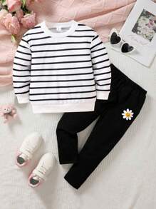 Two Pieces Set Young Girl Black And White Stripes Printed Pullover Sweatshirt With Round Collar And Casual Pants Set For Little Girls For Fall