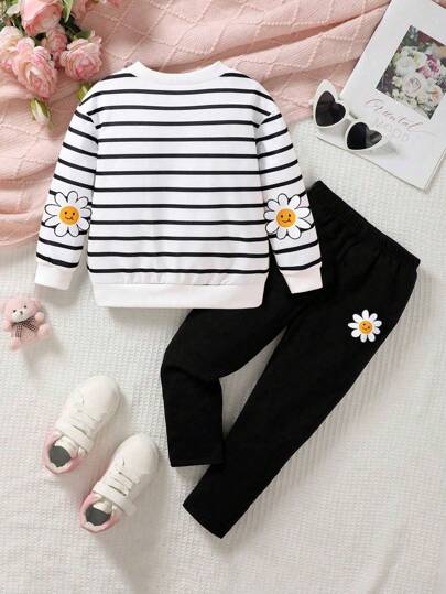 Two Pieces Set Young Girl Black And White Stripes Printed Pullover Sweatshirt With Round Collar And Casual Pants Set For Little Girls For Fall