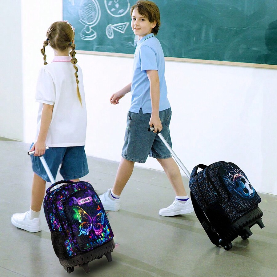 3PCS Soccer Rolling Backpack For Boys, Kids School Backpacks With