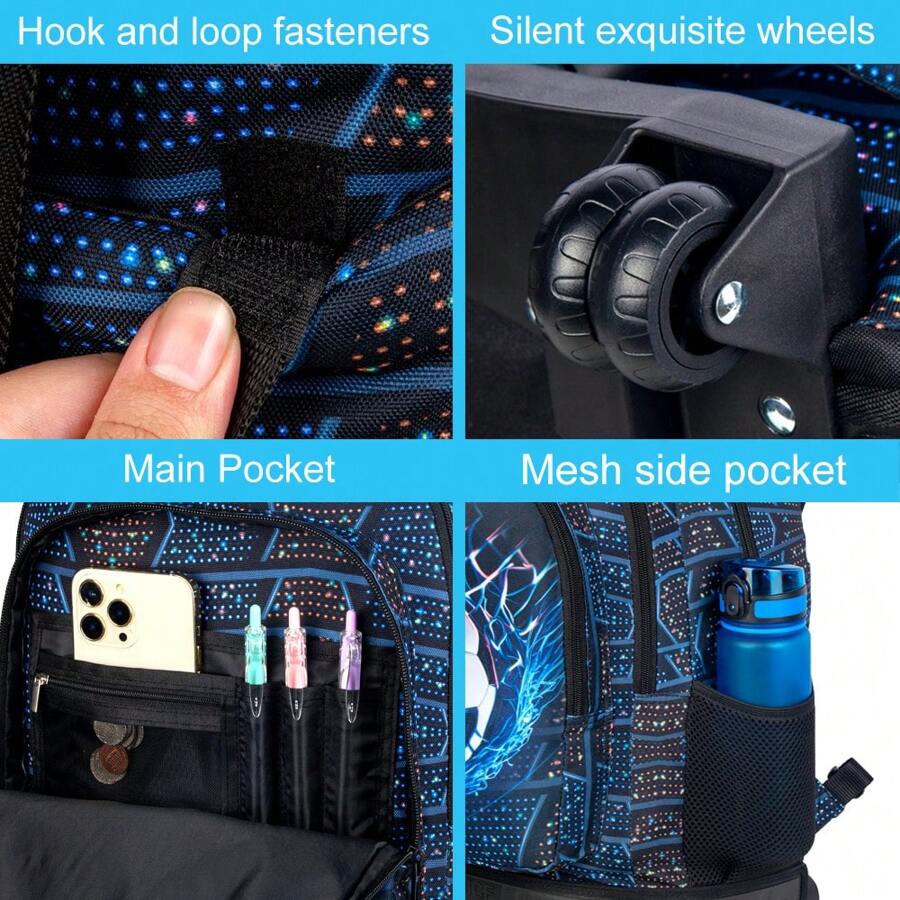 3PCS Soccer Rolling Backpack For Boys, Kids School Backpacks With