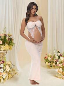 Conjunto de 2 piezas de top bandeau de encaje y falda calada para maternidad, adecuado para sesiones de fotos y baby shower - Beis - Ver 4