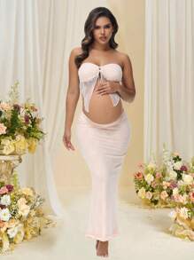 Conjunto de 2 piezas de top bandeau de encaje y falda calada para maternidad, adecuado para sesiones de fotos y baby shower - Beis - Ver 5