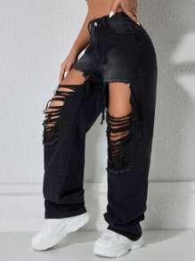 Mid-Rise Casual Basic Blue Breathable Women's Jeans, Spring/Summer - Black - View 4