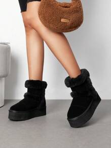 Women Platform Furry Snow Boots Genuine Suede Faux Fur Classic Warm, Slip-On Comfortable Ankle Support Design With Memory Foam Winter Festive Christmas Outdoor Black Boots - 黑色 - 查看 1