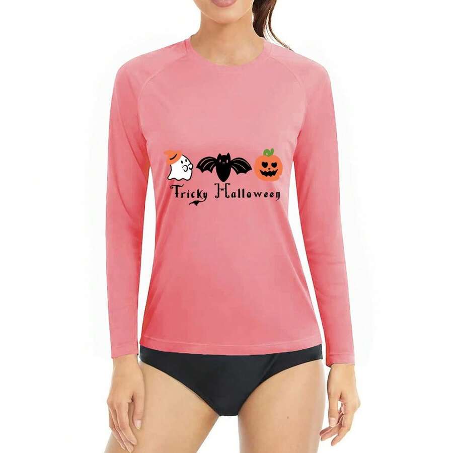 Spring And Fall Thin Tops Printed Long-Sleeved T-Shirt Summer Sunscreen Tops Woman Clothes Self-Developed Design Halloween Cute Little Pumpkins Little Spooky - 粉色 - 查看 1
