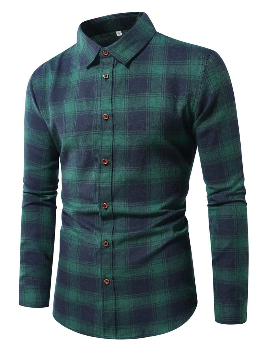 Men's Long Sleeve Casual Checked Button-Down Shirt - Green - View 1