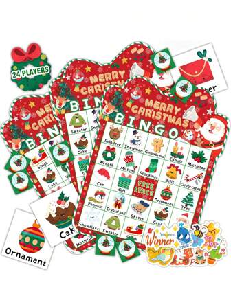 32pcs/Set Christmas Bingo Game For Adult 24 Players Bingo Cards Christmas Games With For Class Activities Family Party Favors Xmas Gifts Holiday Supplies