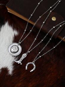 3pcs Turquoise Western Style Retro Cowgirl Horseshoe Cactus Pendant Necklace Set (Bead Chain Length Adjustable, Not By Bead Count) - Antique Silver - View 2