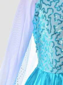 Young Girl Blue Scale Pattern Long Sleeve Trailing Party Dress - Multicolor - View 9