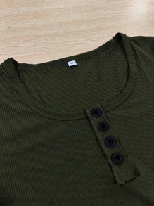 Womens Fashion Fall Long Sleeve Tops Slim Fit Crewneck Sexy Button T-Shirts Knit Sweaters - Army Green - View 3