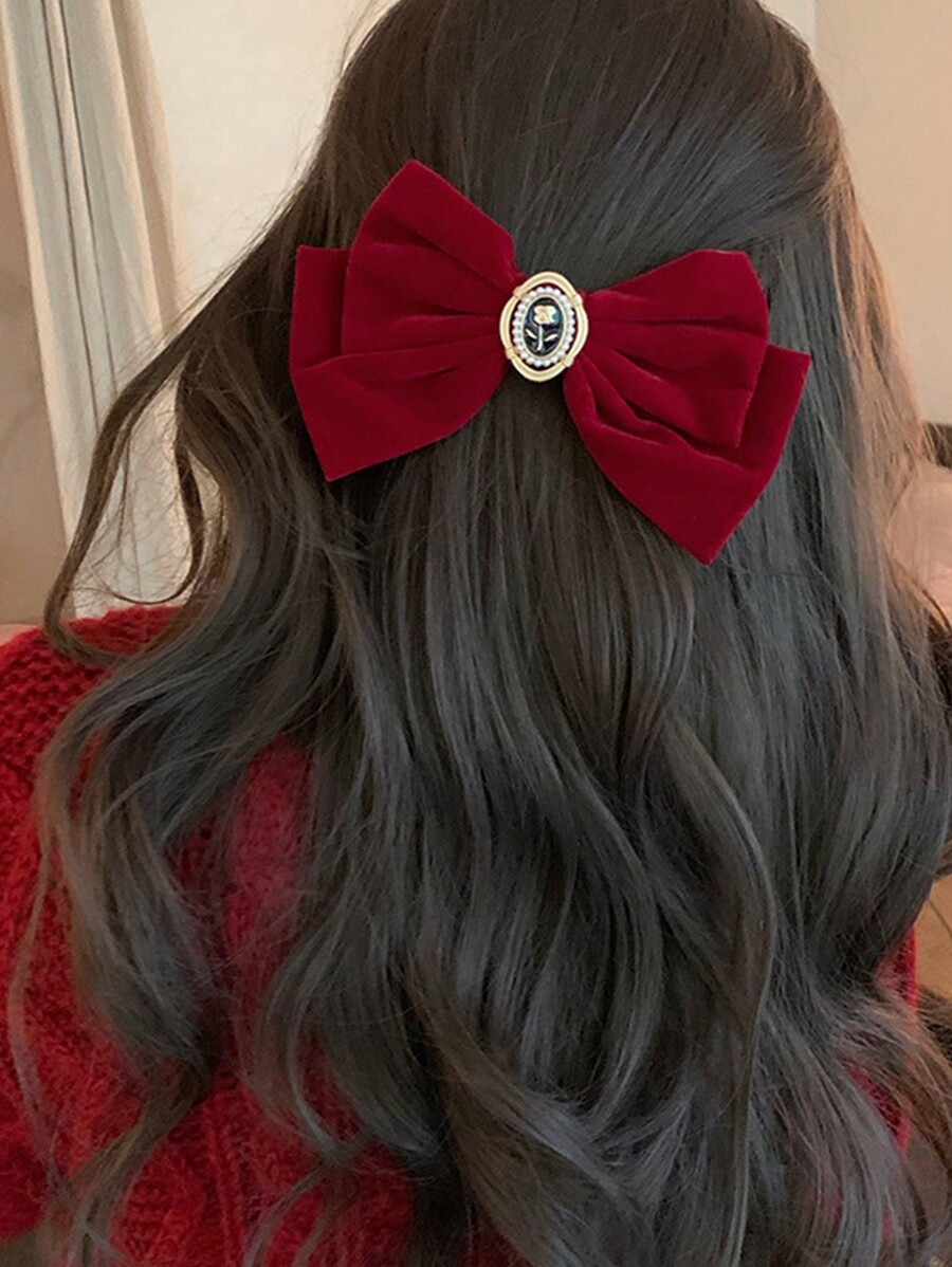 Golden Black Rose Bow Grab Clip Spring Clip Vintage Hair Clip Small