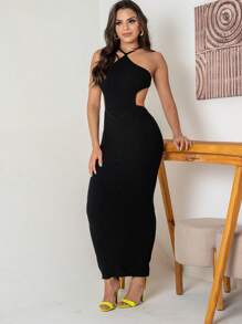 Backless Dress With Drawstring Tie, Knitted Modal Thread - 黑色 - 查看 1