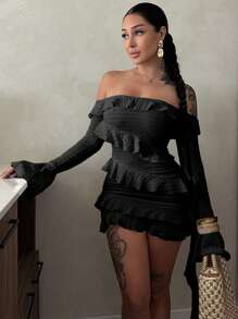 优雅露肩浪漫约会之夜连衣裙，性感迷人，修身派对连衣裙，情人节女士装扮，飘逸长裙，时尚亮片上衣 - 黑色 - 查看 3