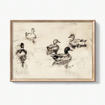 1pc Unframed Sketch Ducks Retro Rustic Horizontal Poster Minimalist Farmhouse Decor Painting Canvas Print Wall Picture For Dorm,Apartment,Bedroom,Living Room,Modern Home Decoration