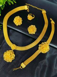 1 套（1 条项链、1 条手链、1 对耳环、1 枚戒指）时尚花朵吊坠金色首饰套装，4 件/套。适合欧洲和美国、迪拜、沙特阿拉伯新娘、婚礼、派对、日常佩戴、合金首饰礼物情人节 - 金黃色 - 查看 2