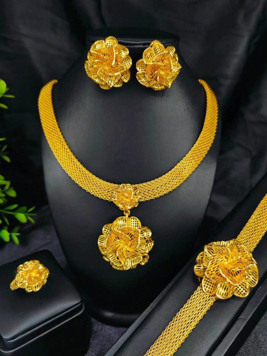1 套（1 条项链、1 条手链、1 对耳环、1 枚戒指）时尚花朵吊坠金色首饰套装，4 件/套。适合欧洲和美国、迪拜、沙特阿拉伯新娘、婚礼、派对、日常佩戴、合金首饰礼物情人节 - 金黃色 - 查看 1