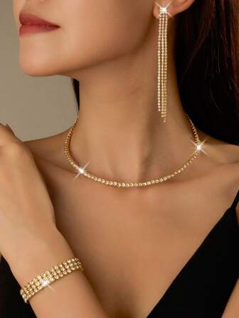 1 Starry Sky Shiny Necklace, Simple Shiny Collarbone Chain, Earrings, Bracelets - Suitable For Women's Daily Wear, Weddings, Parties, Etc.