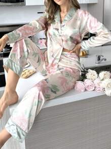 Bộ đồ mặc nhà bằng vải satin in hoa thanh lịch dành cho nữ, gồm áo tay dài cài cúc cổ ve áo và quần dài, kiểu dáng thoải mái, dễ chịu cho mùa thu, nhanh khô. - trắng - Xem 8