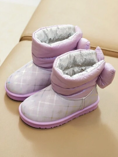 1 双女童幼儿保暖内衬冬靴，2024 年新款蝴蝶结设计，PU 皮革软底防滑雪地靴