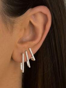 Trio Of Square Hoop Earrings Studded In 18k Gold And 925 Silver - Bạc - Xem 5