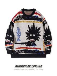 Unisex Casual Graffiti Cartoon Character Long Sleeve Sweater, Versatile Loose Fit Crew Neck Knitted Pullover Top, Suitable For Spring, Autumn, Winter - Black - View 1