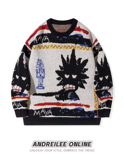 男女皆宜的休闲涂鸦卡通人物长袖毛衣，宽松百搭的圆领针织套头衫，适合春、秋、冬三季穿着。