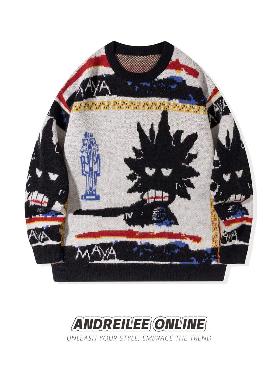 Unisex Casual Graffiti Cartoon Character Long Sleeve Sweater, Versatile Loose Fit Crew Neck Knitted Pullover Top, Suitable For Spring, Autumn, Winter - Black - View 1