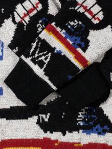 Unisex Casual Graffiti Cartoon Character Long Sleeve Sweater, Versatile Loose Fit Crew Neck Knitted Pullover Top, Suitable For Spring, Autumn, Winter - Black - View 9