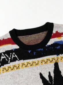 Unisex Casual Graffiti Cartoon Character Long Sleeve Sweater, Versatile Loose Fit Crew Neck Knitted Pullover Top, Suitable For Spring, Autumn, Winter - Black - View 3