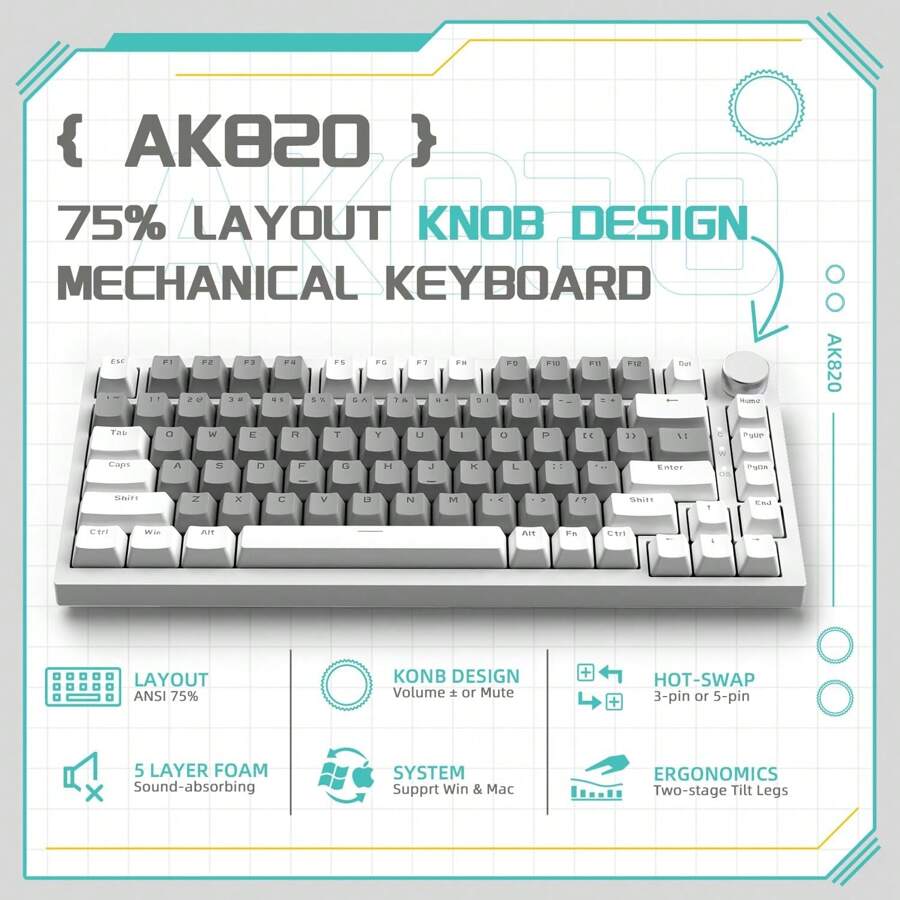 HOOPOND X Ajazz AK820 Mechanical Keyboard With CNC Knob Control,75% ANSI Layout,81Keys Gasket Mount Wired Gaming Keyboard,5 Sound Absorbing Foam,Hot-Swap Switches,White Backlit,For PC - 白/灰/黃開關 - 查看 1